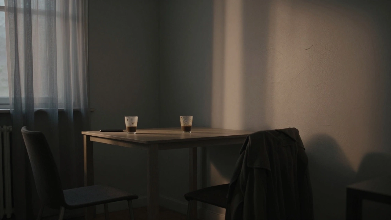 An empty apartment interior with coffee cups and a draped coat, suggesting a recent, unseen meeting.