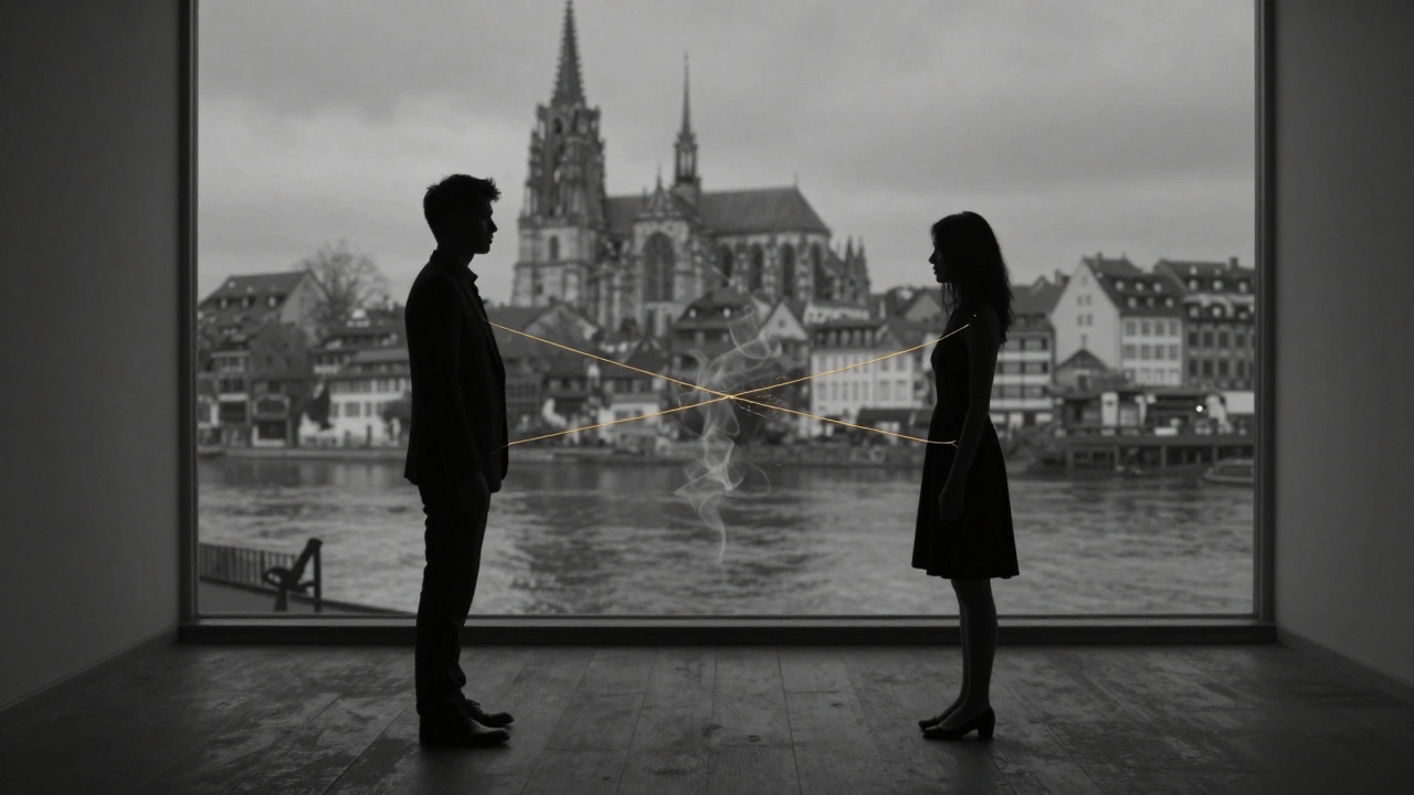 Two silhouettes connected by fraying golden threads that dissolve into smoke, symbolizing transactional connection.